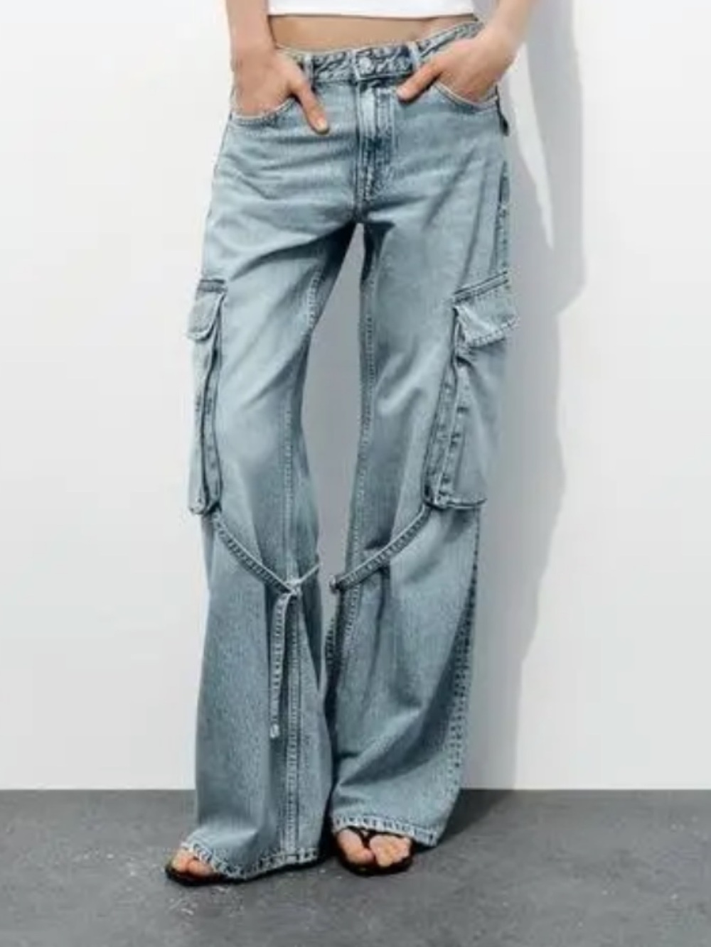 Zara Light Blue Cargo Wide-Leg Jeans with Strap Details
